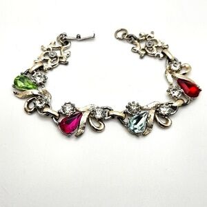 Vintage Pear Teardrop Colorful Rhinestone Bracelet Fold Over